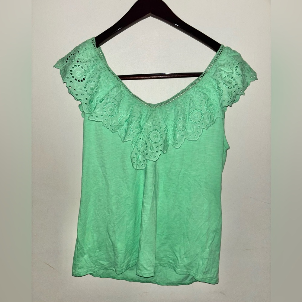 New Lilly Pulitzer Plaza Top Eyelet Ruffle Short Sleeve Large Patina Green - Picture 3 of 9